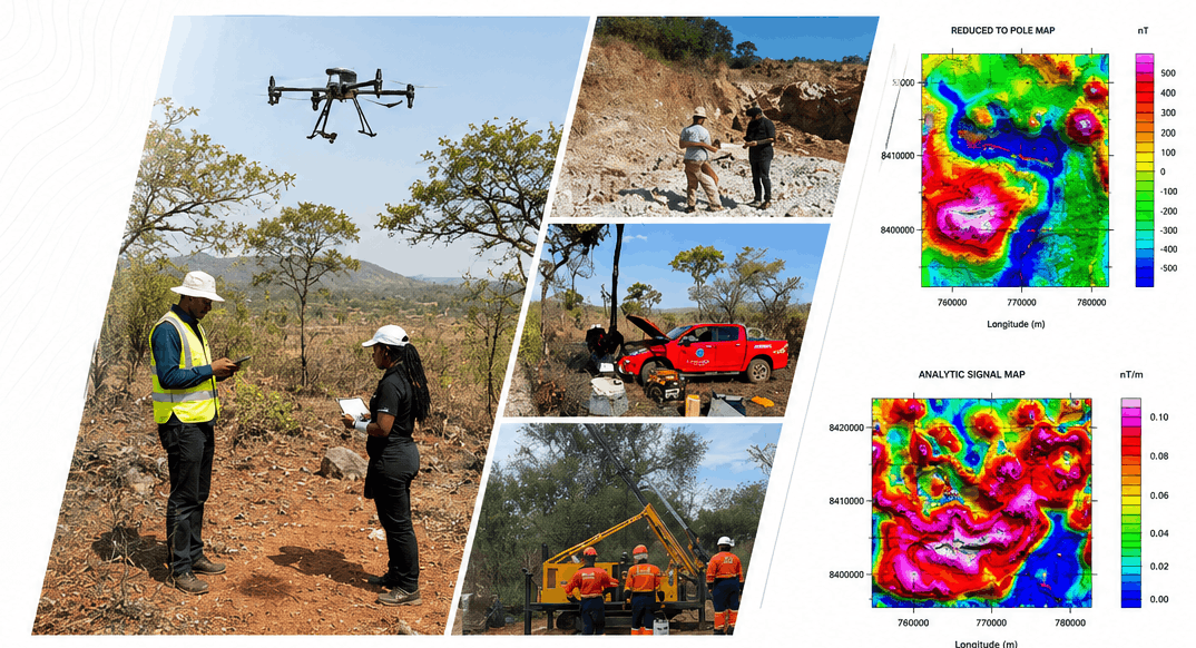 Field teams and drones supporting mineral exploration survey work