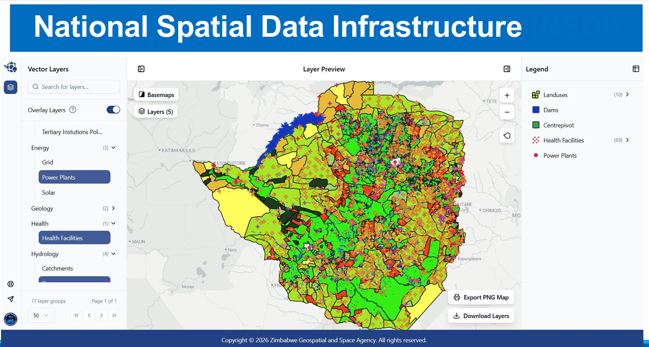 NSDI portal showing vector layers and map preview for Zimbabwe