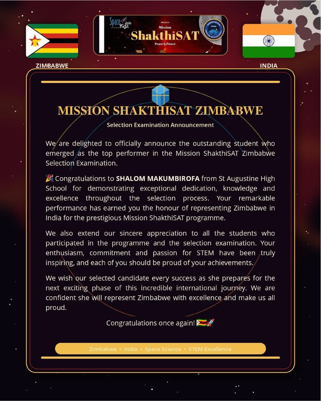 Mission ShakthiSAT Zimbabwe selection