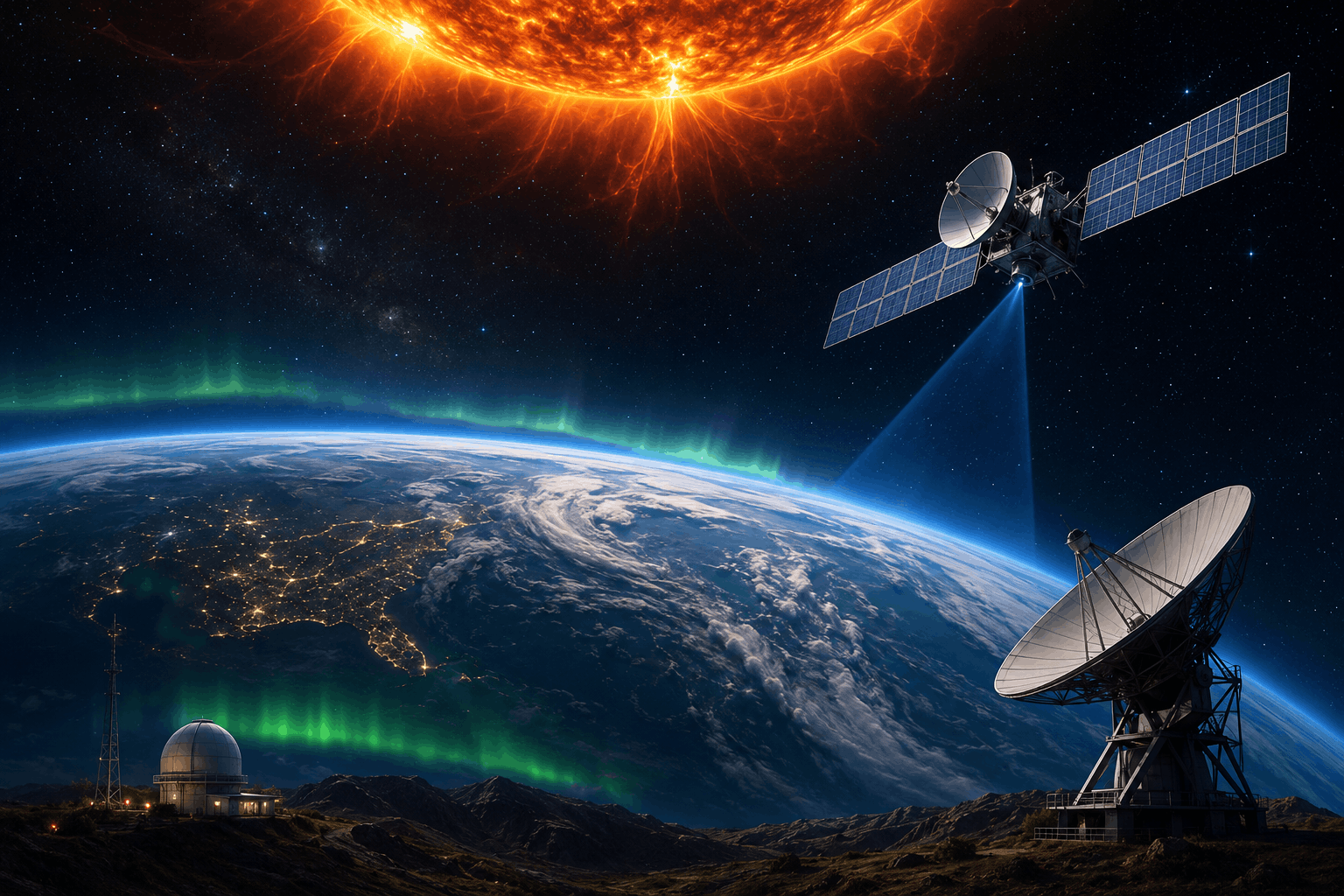 Space weather: Sun, Earth, aurora, satellite, and ground observatories