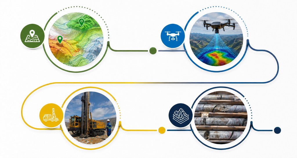 Diagram of the four stages of mineral exploration: (1) geological mapping and target identification, (2) remote sensing and geophysical surveys, (3) exploratory drilling, (4) core sampling and analysis